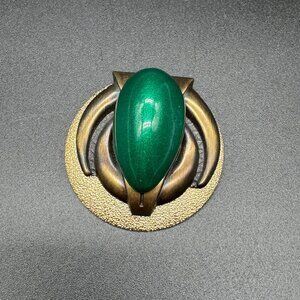 Artisan Made Brooch Gold Tone Green Faux Stone Round